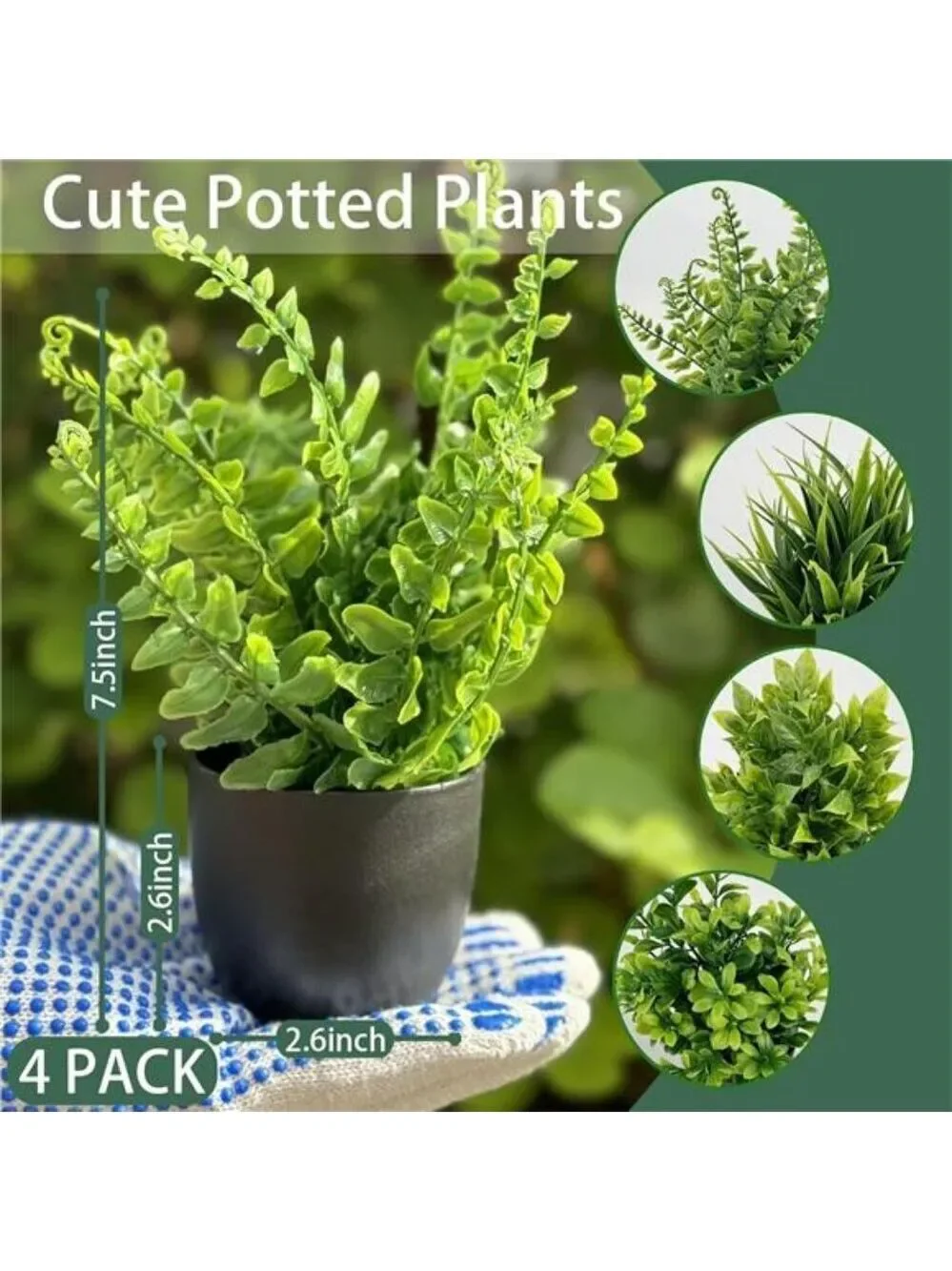 Set of 4 Small Fake Potted Plants 7 inch Artificial Mini Greenery Home Office De